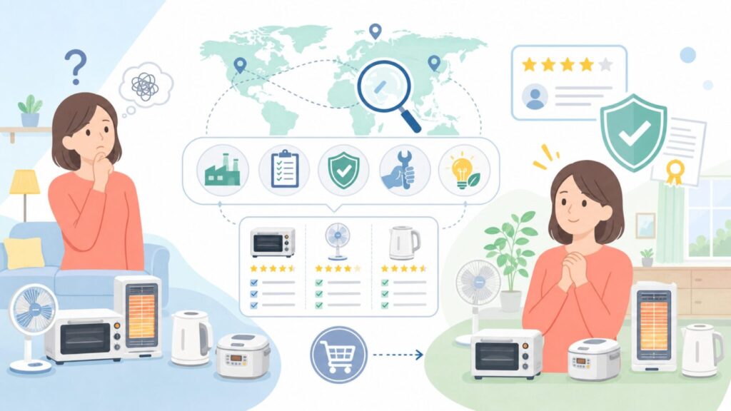 TEKNOS（テクノス）はどこの国のブランド？製造国・品質・安さの理由をまとめて解説の要点を表すイラ