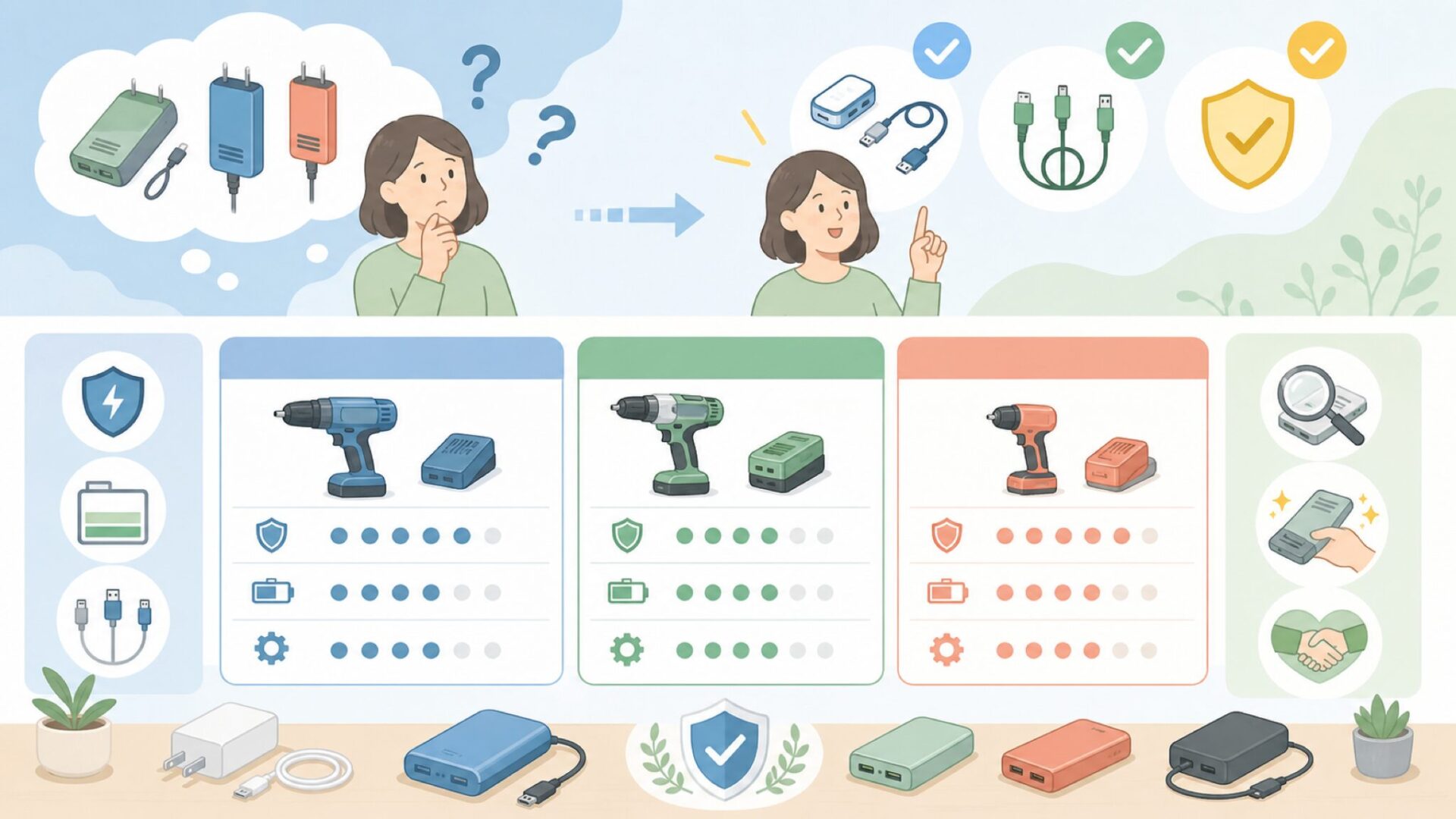 国産メーカーとどう違う？マキタ・日立との比較を表すイラスト