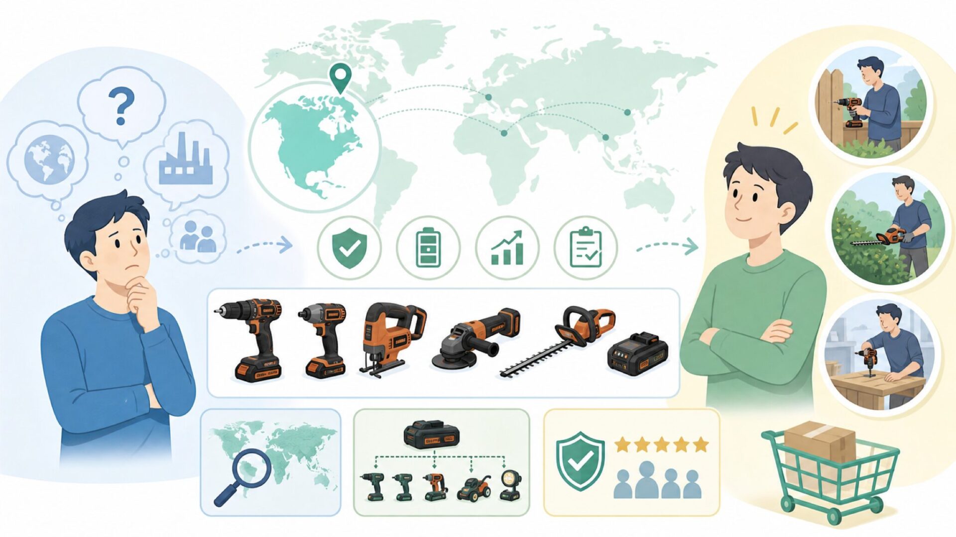 ブラックアンドデッカーはどこの国？アメリカ発・世界最大工具グループの実力の要点を表すイラスト