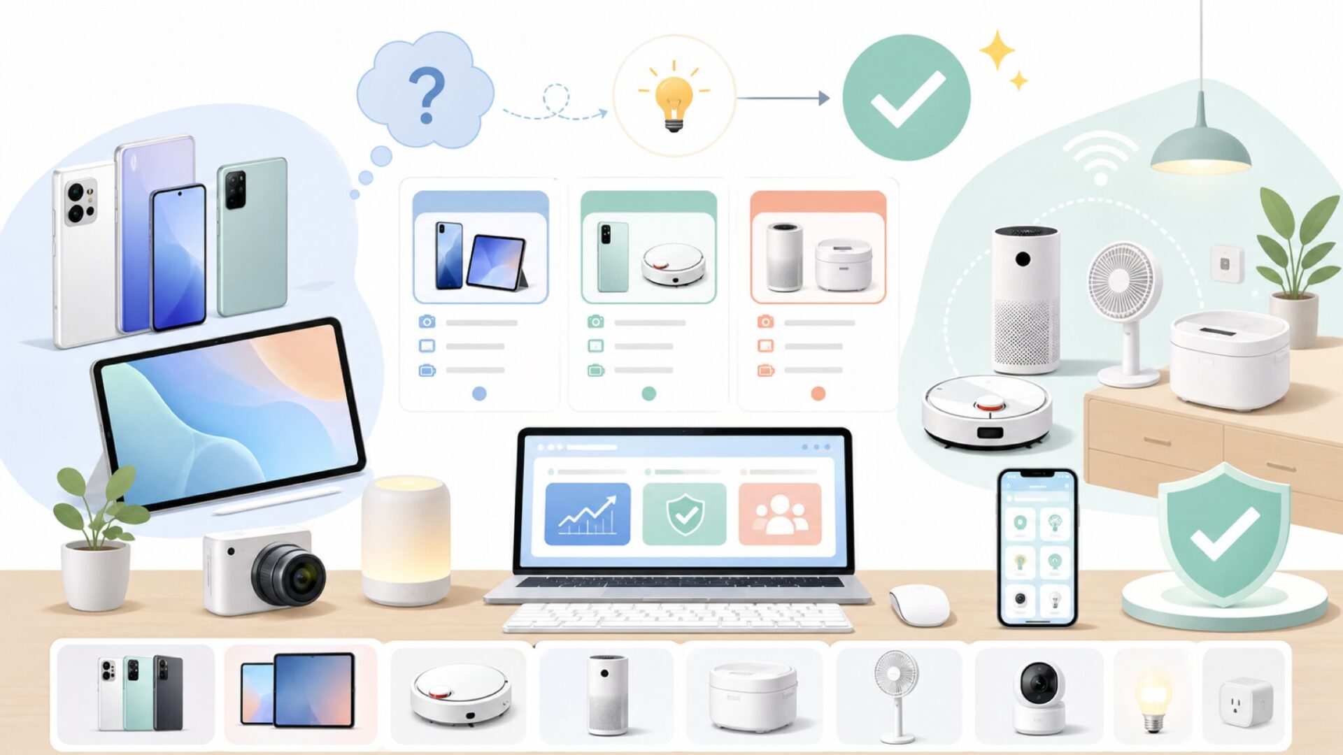 XiaomiとMijiaの製品ラインナップ完全ガイドを表すイラスト