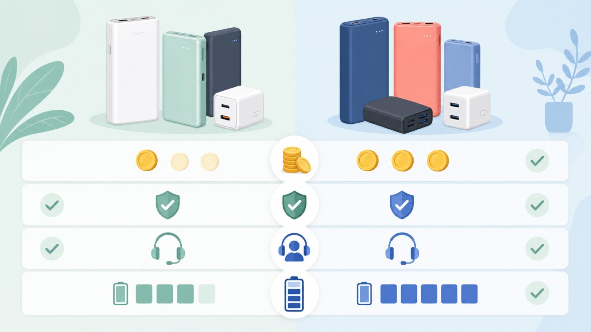 Romossの主力製品ラインナップ——モバイルバッテリーと充電器の特徴を表すイラスト