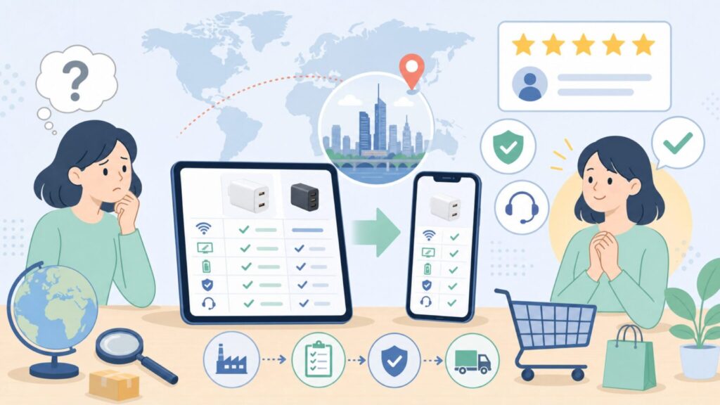 WECENTはどこの国のブランド？中国・深センの充電器メーカーを徹底解説の要点を表すイラスト