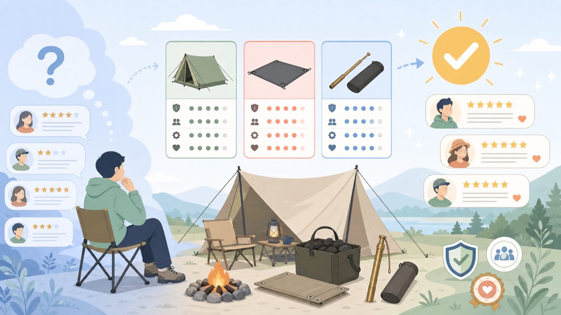 ZEN Campsの評判・口コミを徹底リサーチを表すイラスト