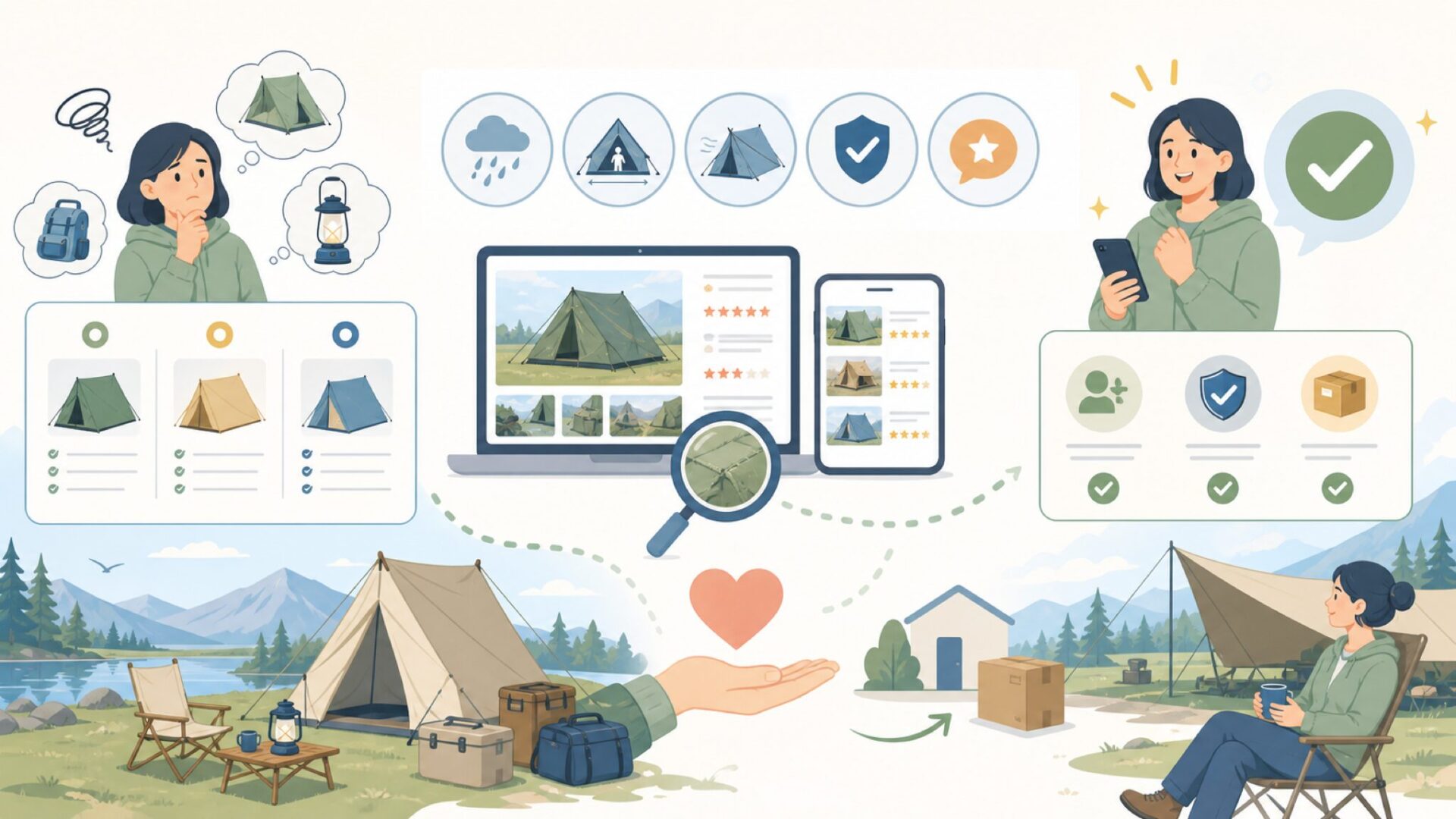 ZEN Campsの購入方法と選び方のコツを表すイラスト