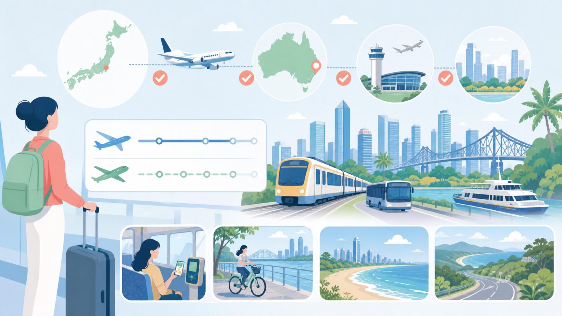 ブリスベンへのアクセスと日本からのフライト情報を表すイラスト
