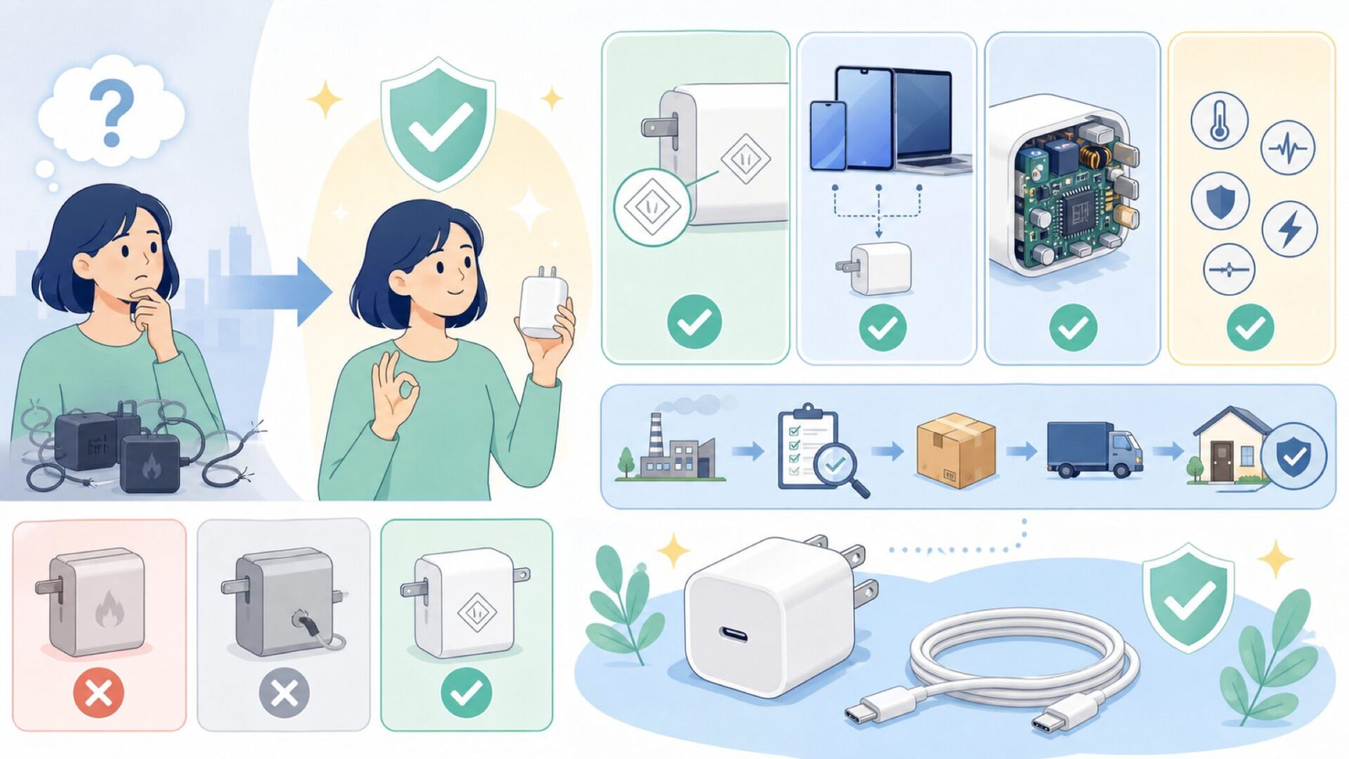 中国製充電器を安全に選ぶための判断基準を表すイラスト