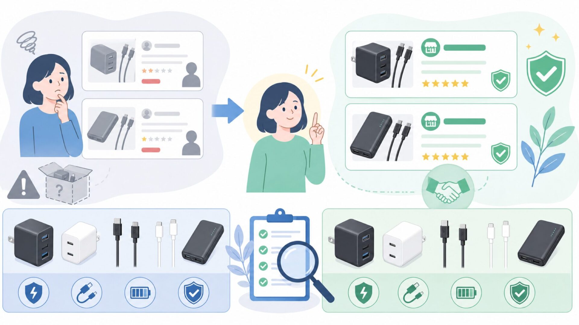 Amazonで買うなら出品者を必ず確認するを表すイラスト