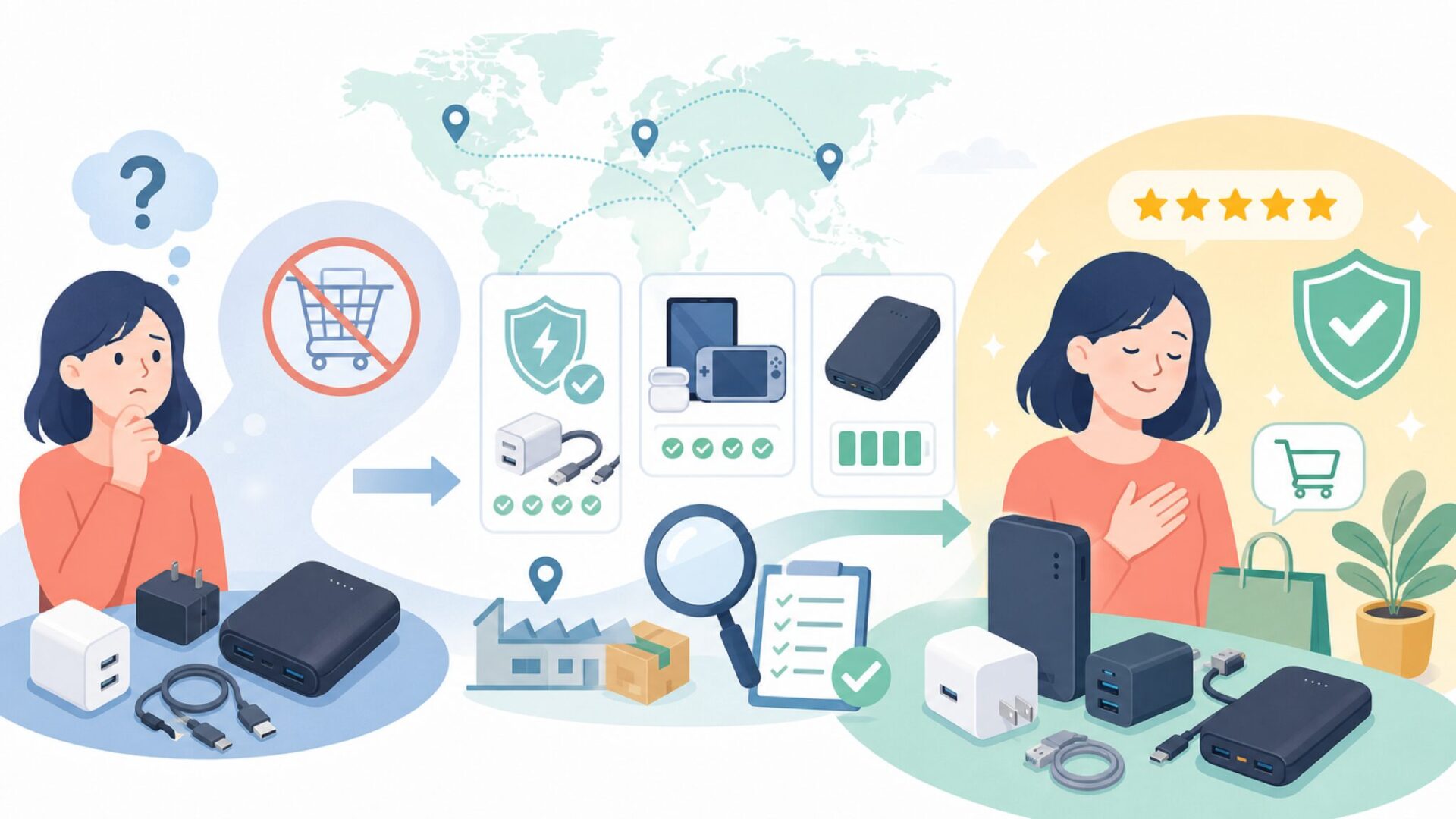 RAVPowerがAmazonから追放された理由と、今どこで買えるかの要点を表すイラスト
