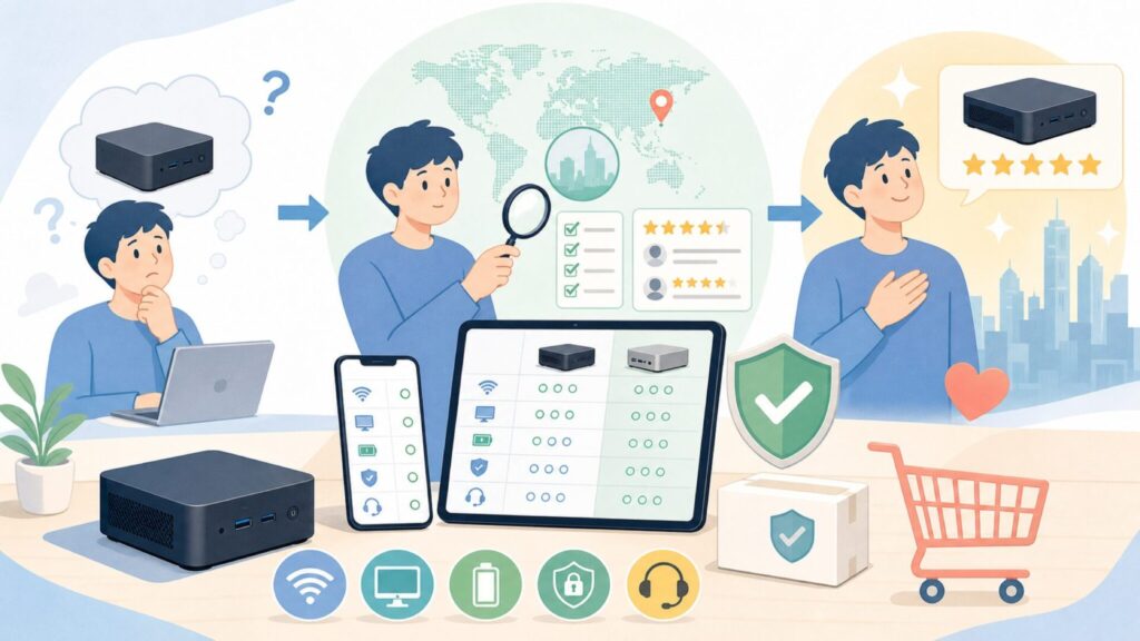 MINIXはどこの国のブランド？香港発ミニPCの安全性と評判を徹底解説の要点を表すイラスト