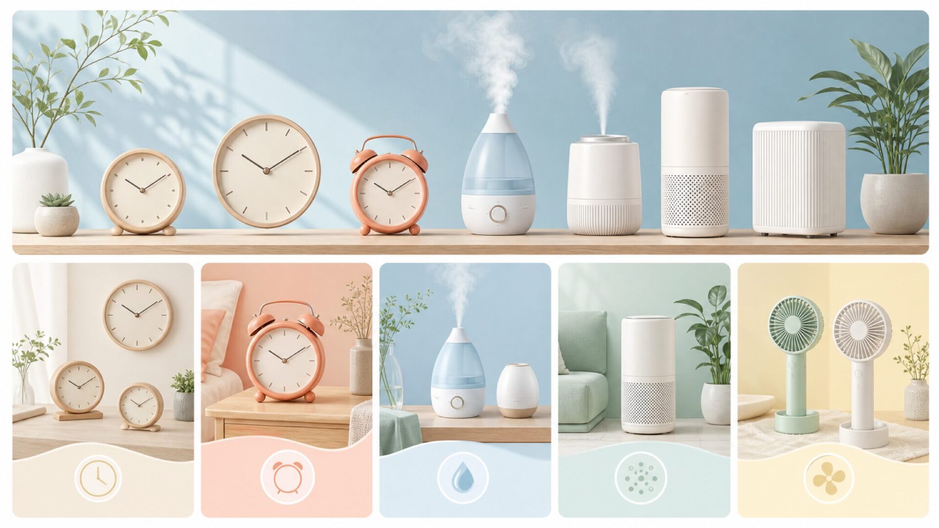 RHYTHM製品ラインナップ——時計・加湿器・ハンディファンの全体像を表すイラスト