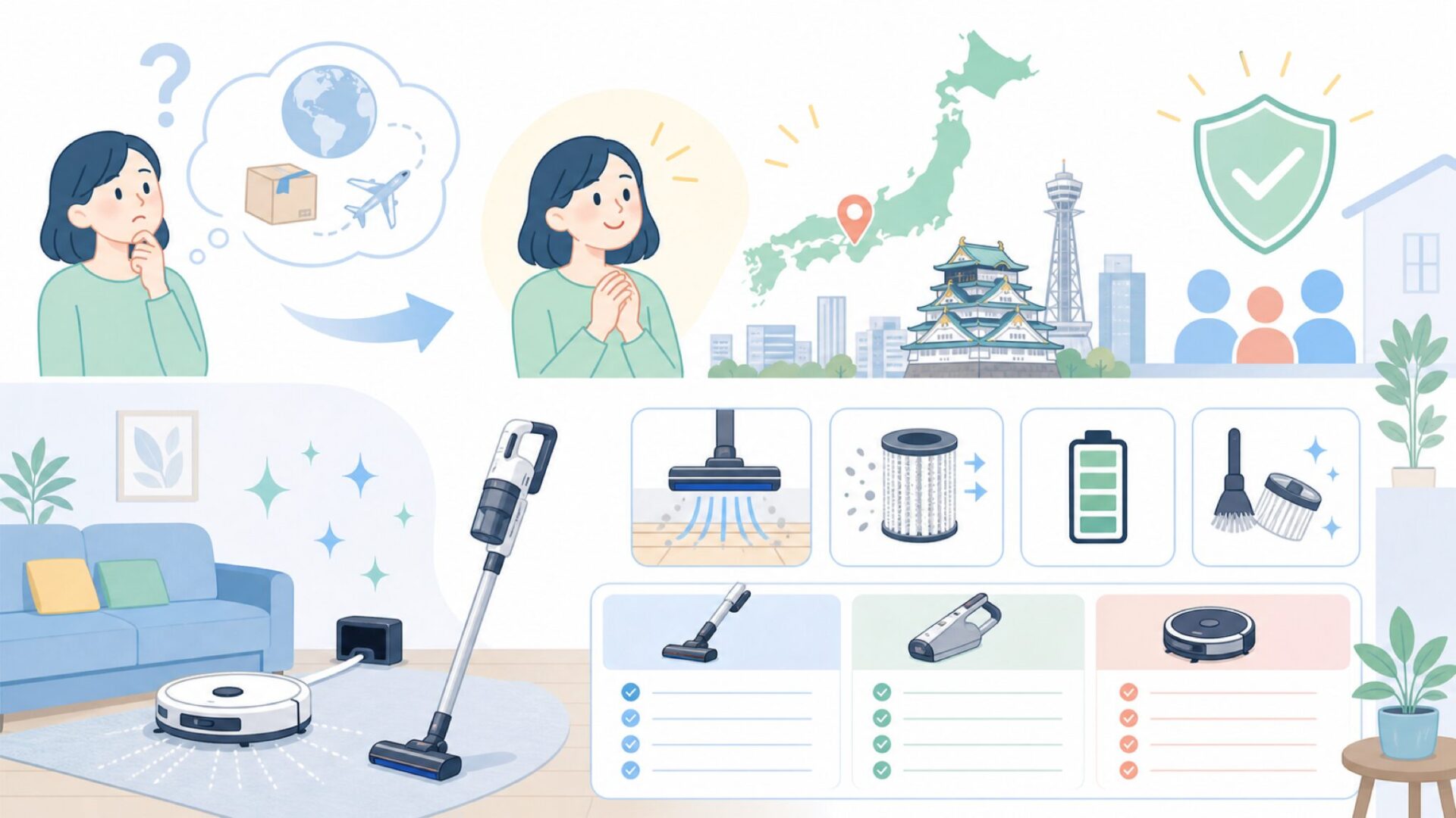 コイズミは日本のメーカー——本社は大阪、正式名称は小泉成器株式会社を表すイラスト
