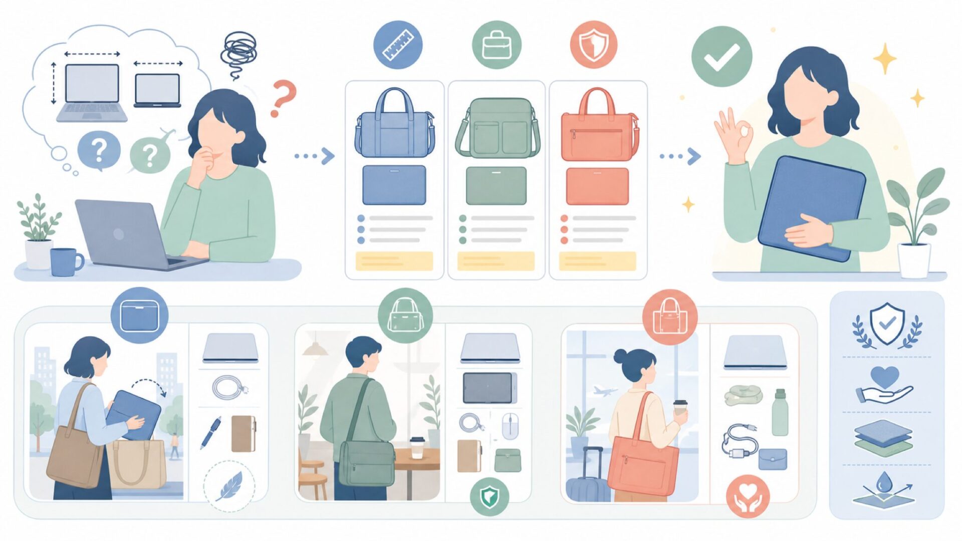 サイズと用途で失敗しない選び方を表すイラスト