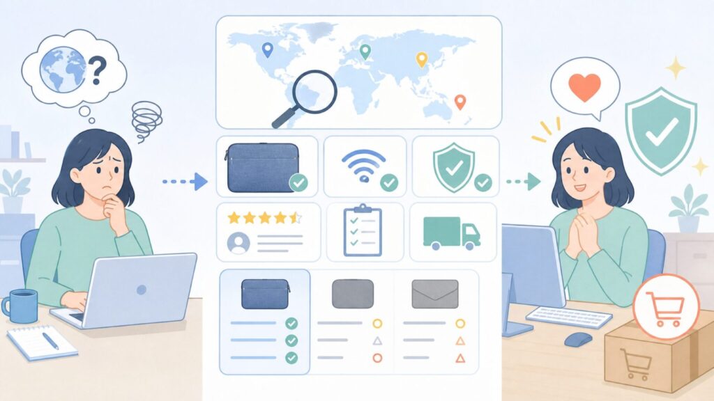 MOSISO はどこの国？実態と品質を調べてわかった「買っていい理由」の要点を表すイラスト