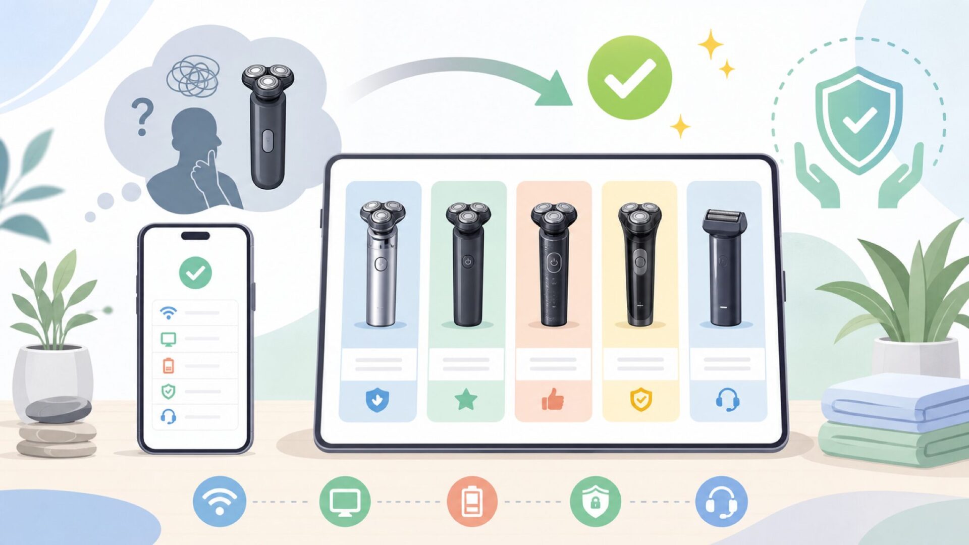 Earboodより信頼できるコスパ重視のシェーバーブランド5選を表すイラスト