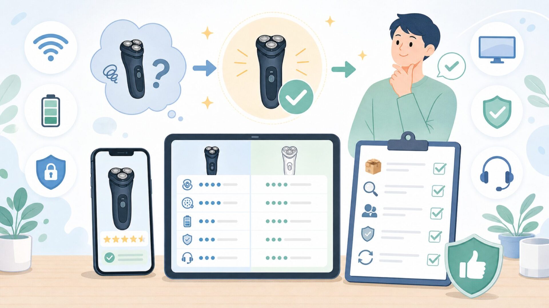 結局EarboodのシェーバーはOKなのか：総合評価と購入判断を表すイラスト