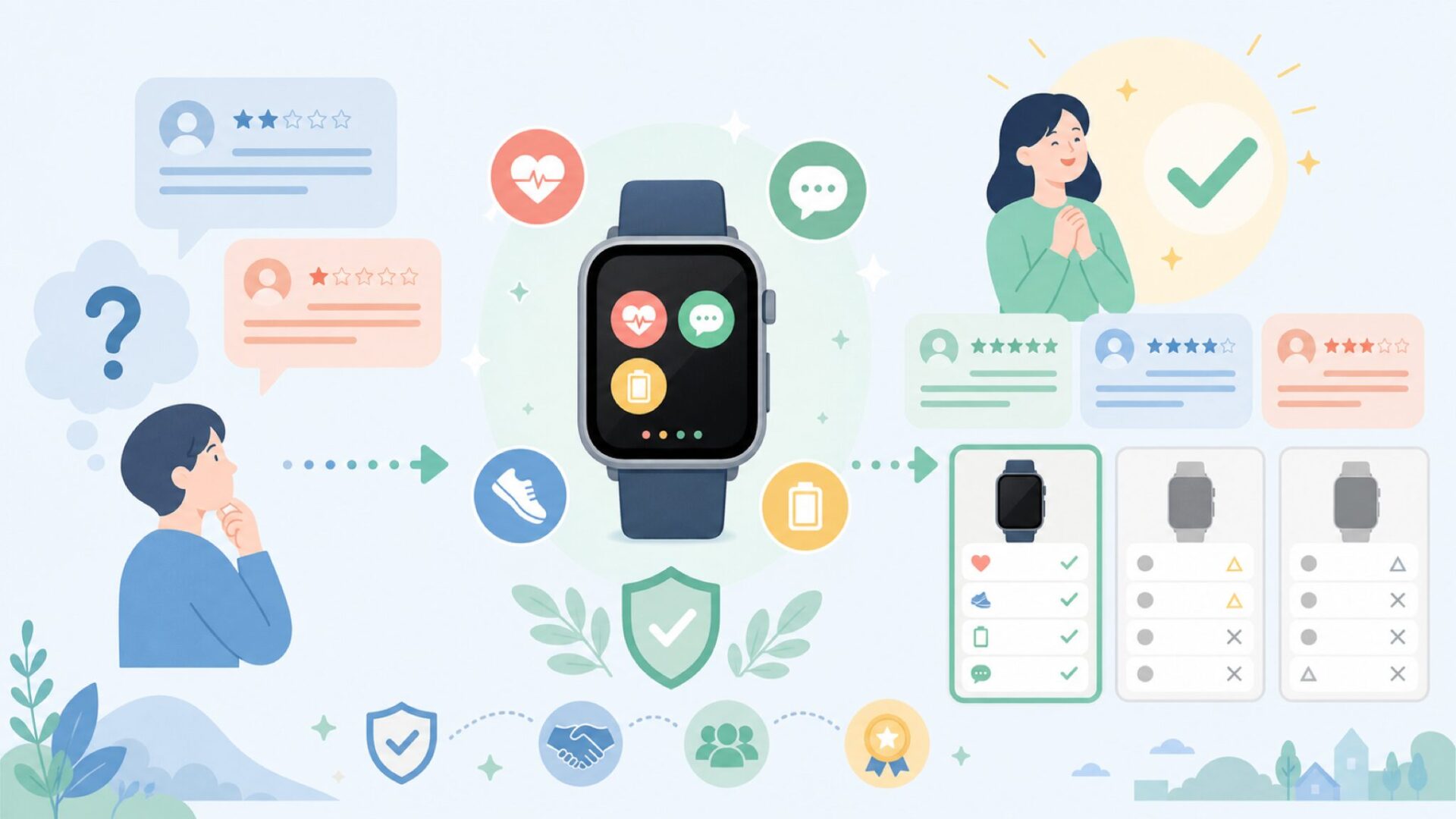 Onefunスマートウォッチの実際の評判と口コミを表すイラスト