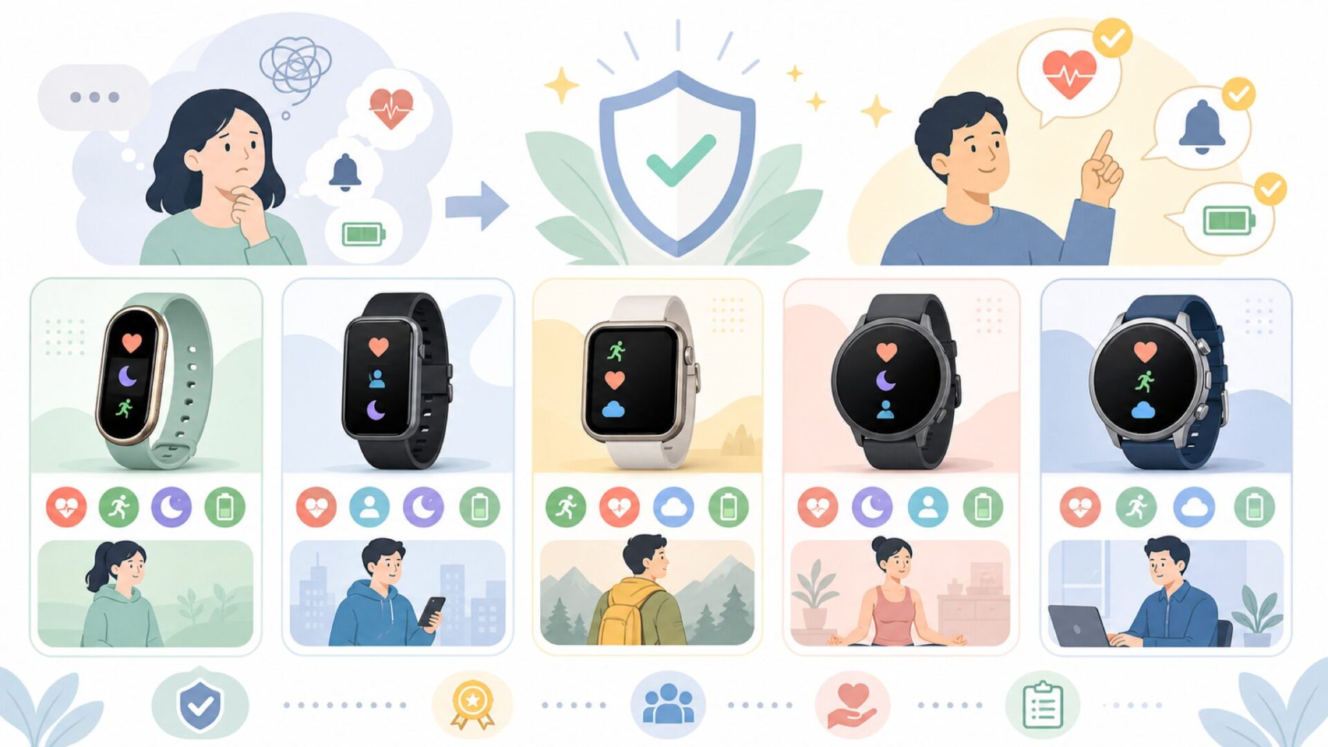 同価格帯で安心して買えるスマートウォッチ5選を表すイラスト