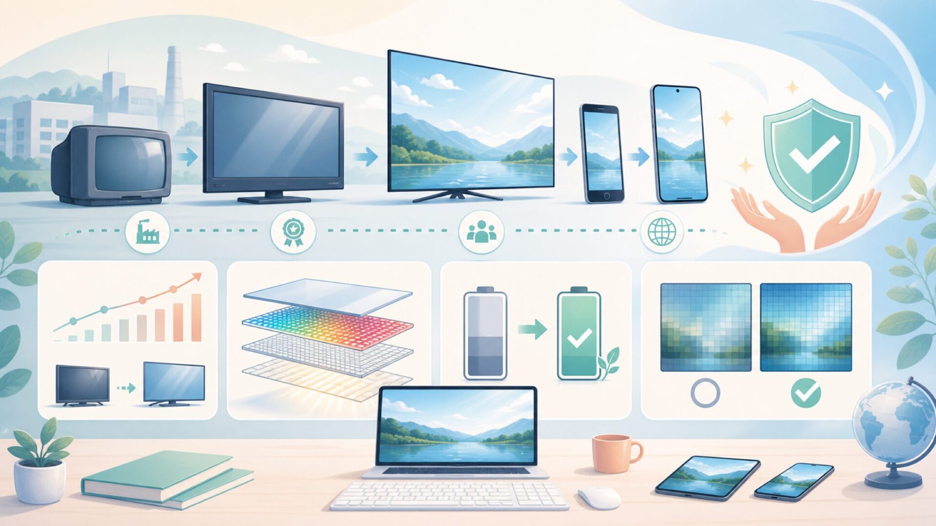 AQUOSの歴史と技術力 — 日本発ブランドとしての底力を表すイラスト