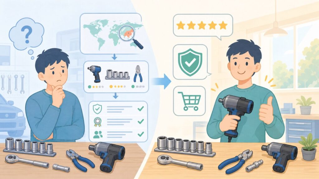 AUXITO どこの国？中国深圳メーカーの品質・評判・選び方を正直にまとめたの要点を表すイラスト