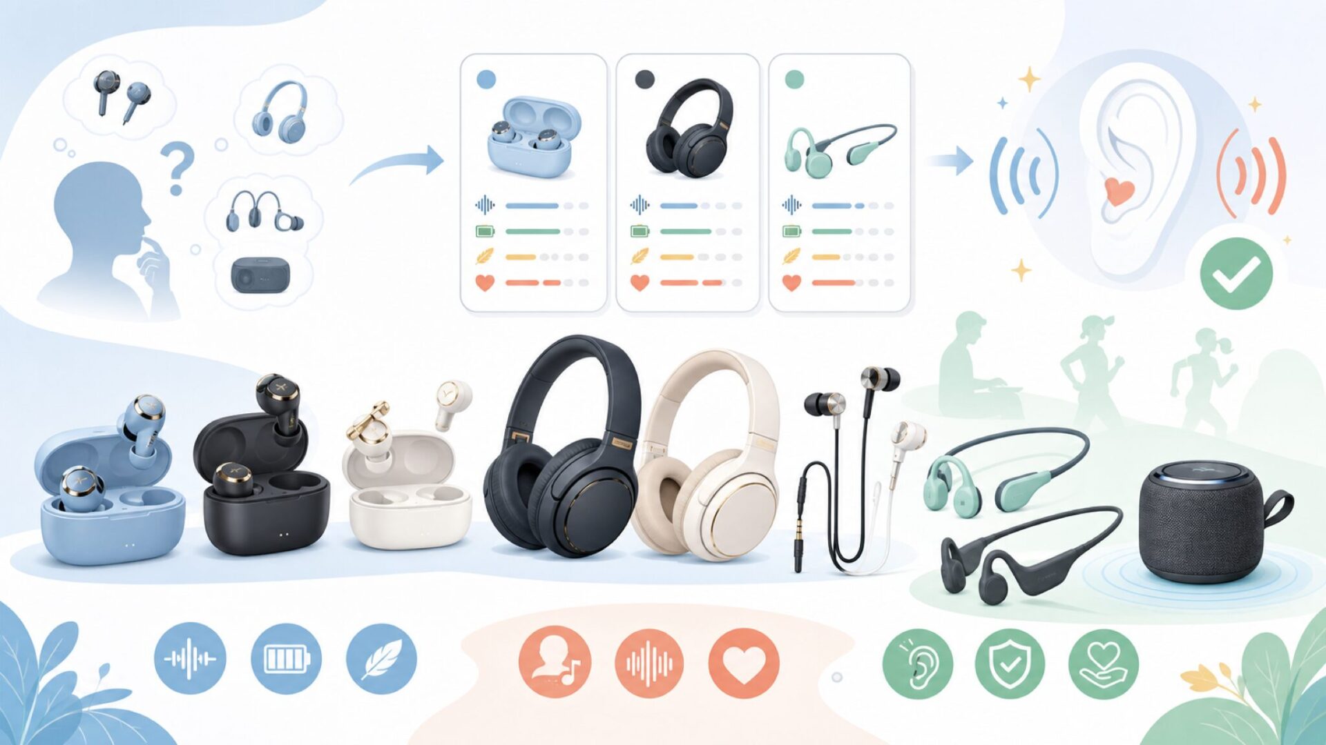 AVIOTの製品ラインナップ——日本の耳に合わせたイヤホンたちを表すイラスト