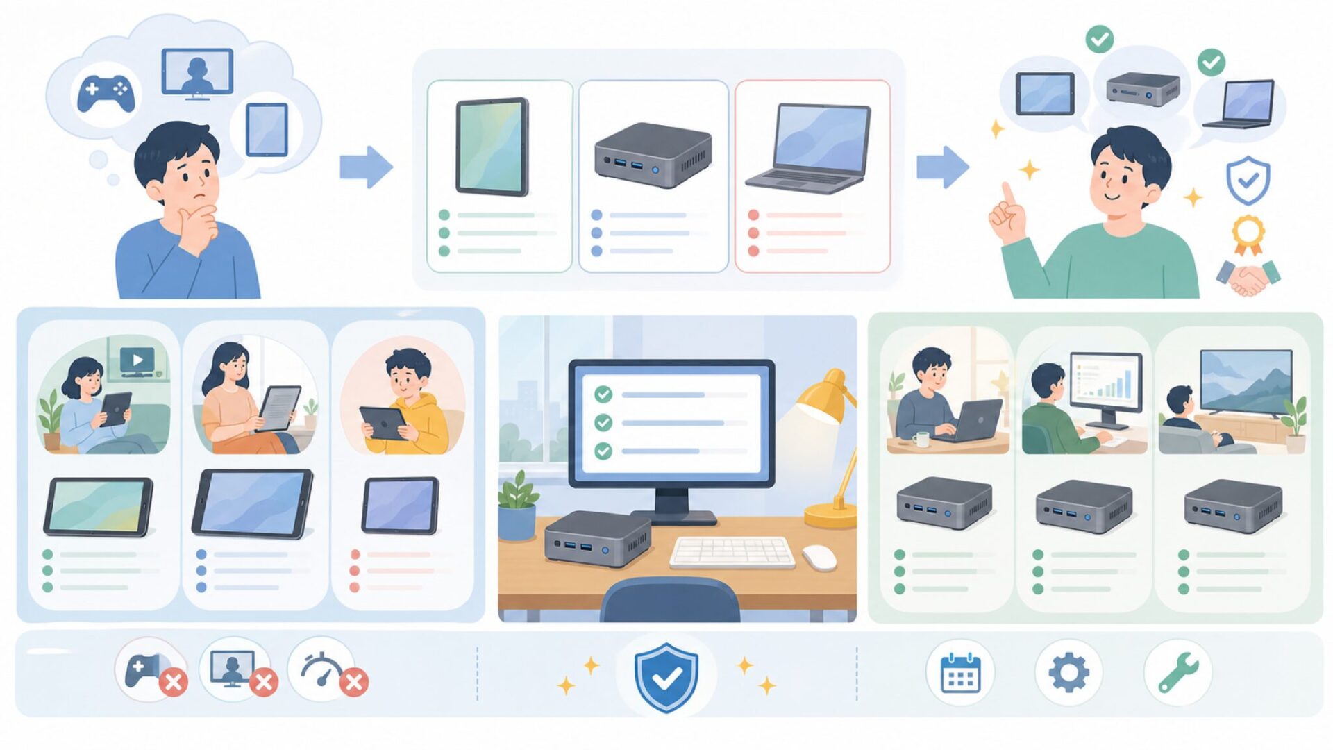 BMAXのおすすめ機種——用途別の選び方ガイドを表すイラスト