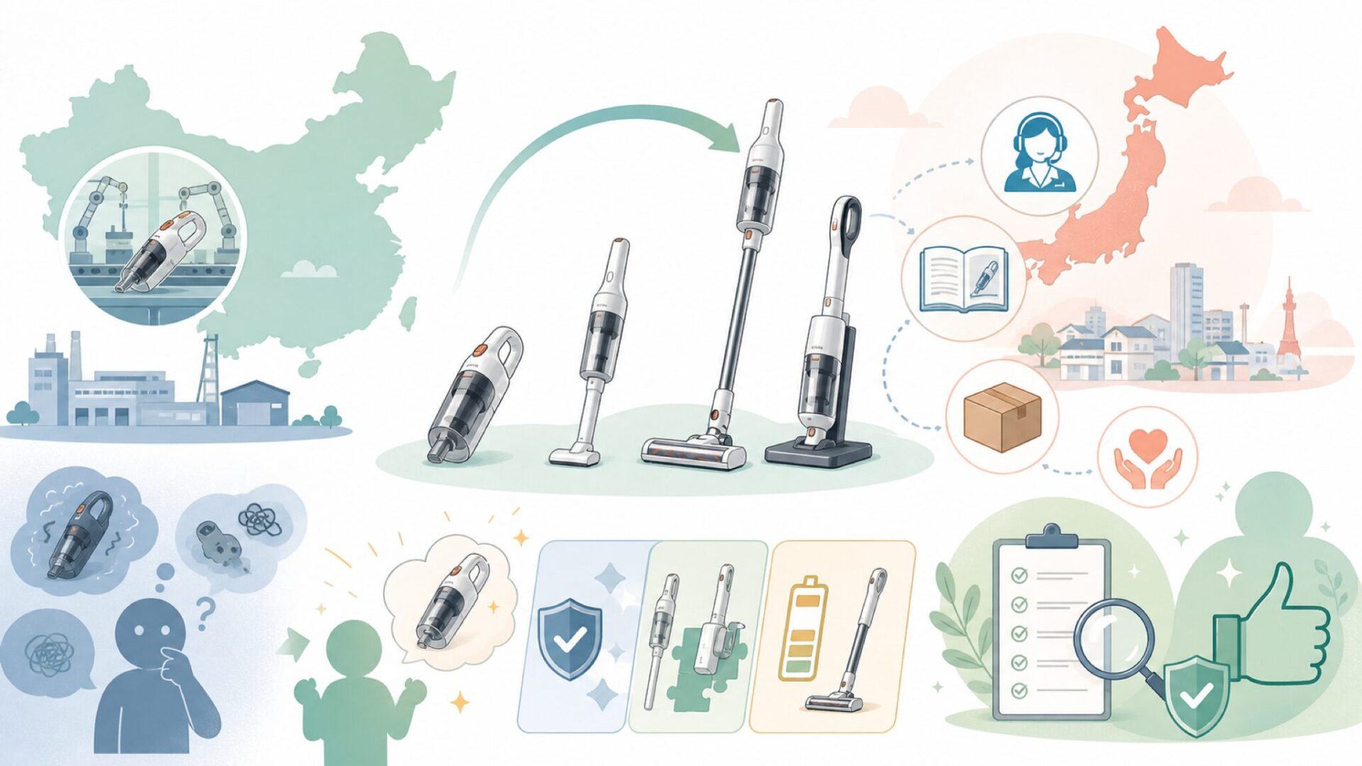 BeeToolはどこの国のブランドか——中国発・日本市場向けの家電ブランドという実態を表すイラスト