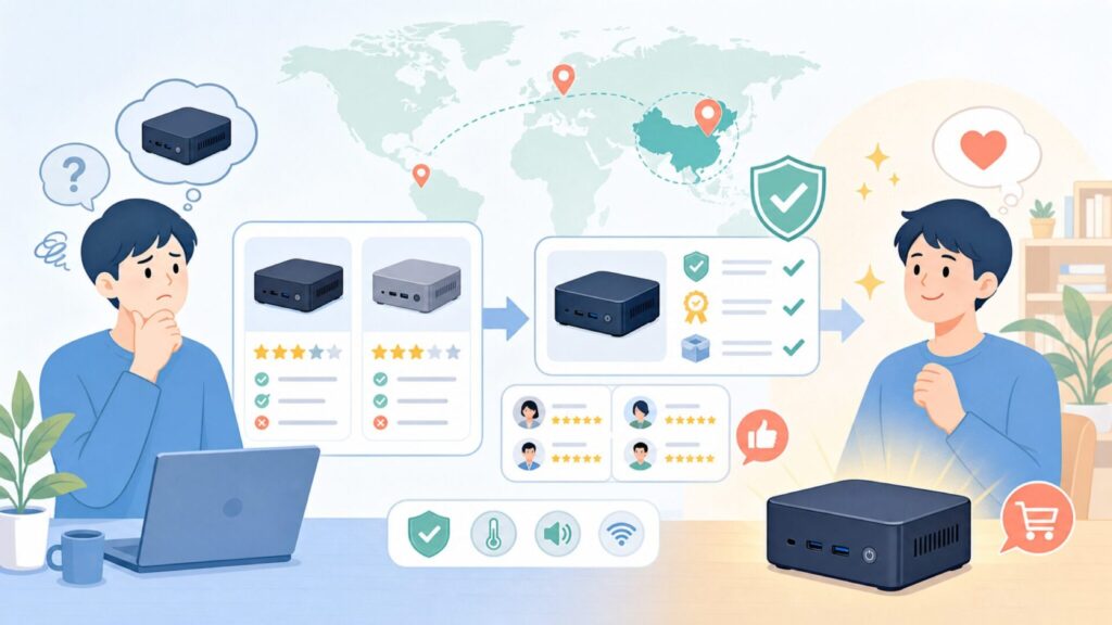 Beelinkはどこの国のブランド？中国製ミニPCの安全性と評判を徹底解説の要点を表すイラスト