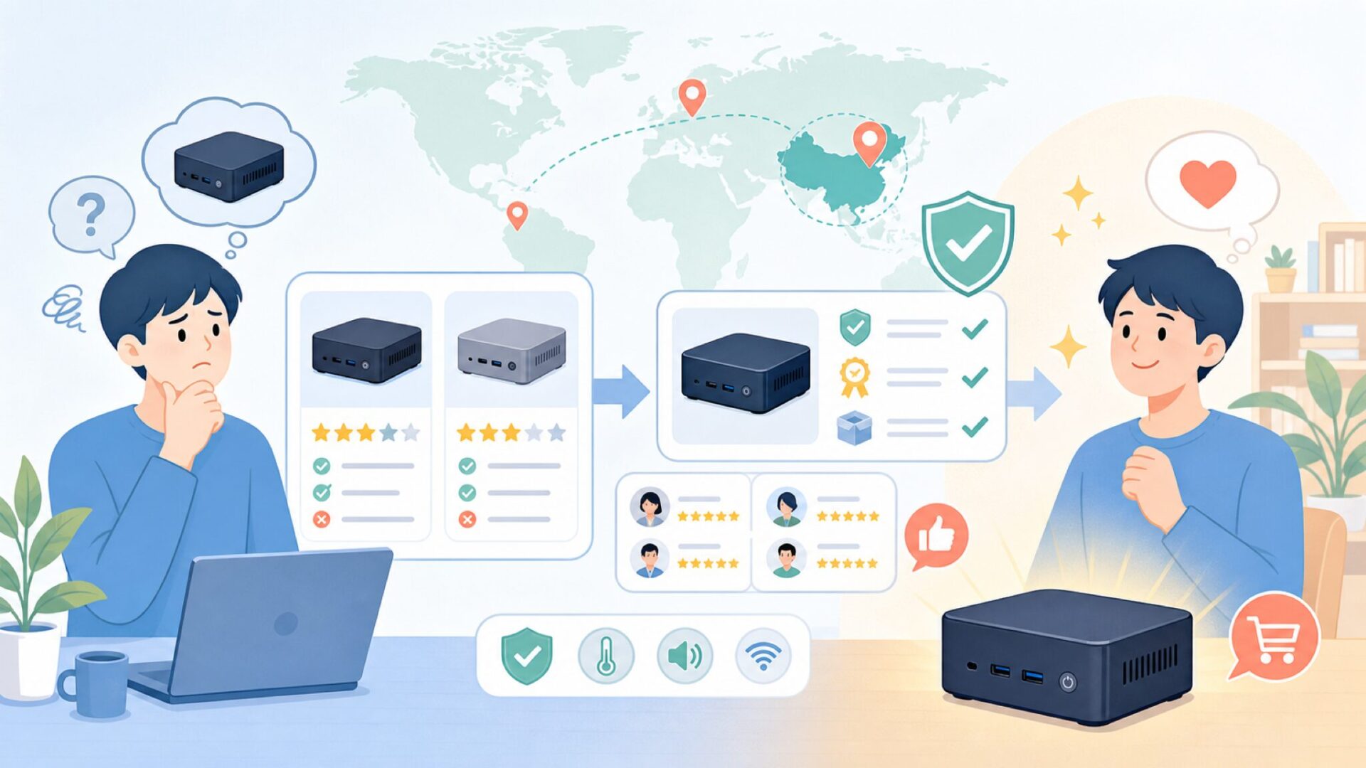 Beelinkはどこの国のブランド？中国製ミニPCの安全性と評判を徹底解説の要点を表すイラスト