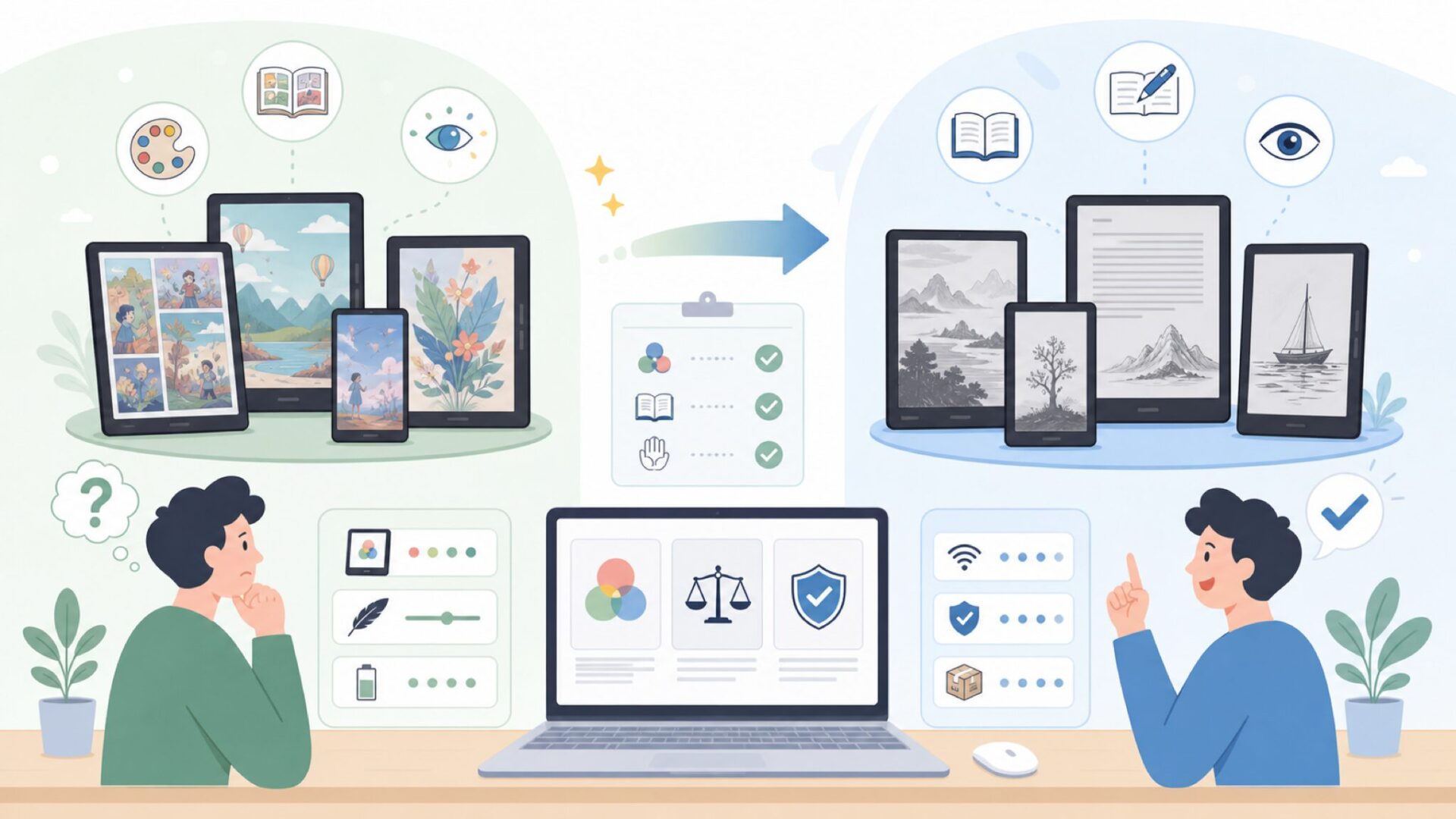 BigmeとBOOXの違い：同じ中国メーカーでも個性が全く違うを表すイラスト