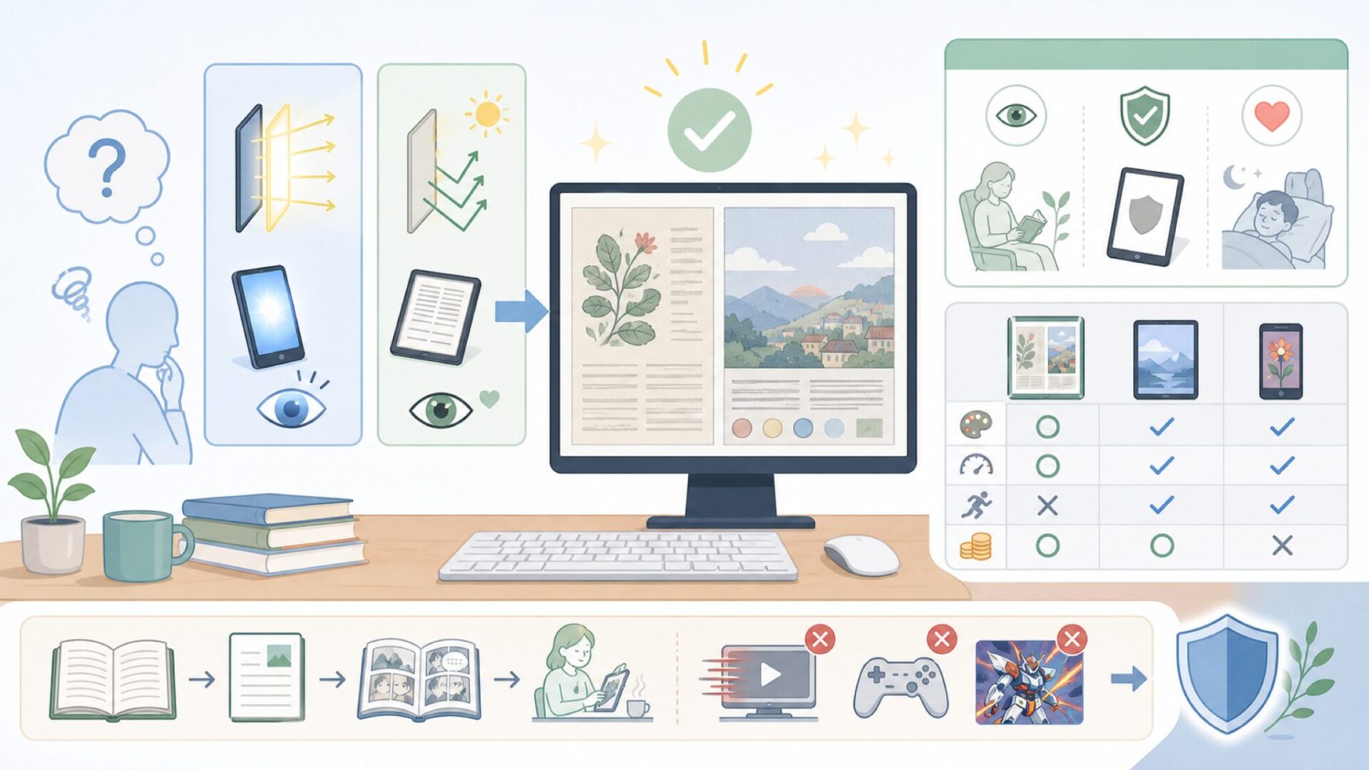 カラーE-inkとは何か：なぜ目が疲れにくいのかを表すイラスト