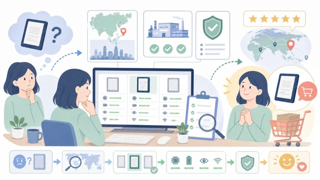 Bigmeはどこの国のメーカー？中国・深圳発のE-inkブランドを徹底解説の要点を表すイラスト