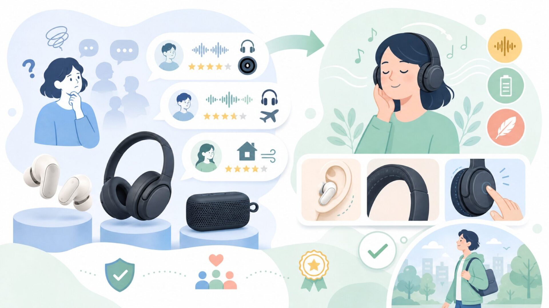 ユーザーが語るBoseの音と使い心地を表すイラスト