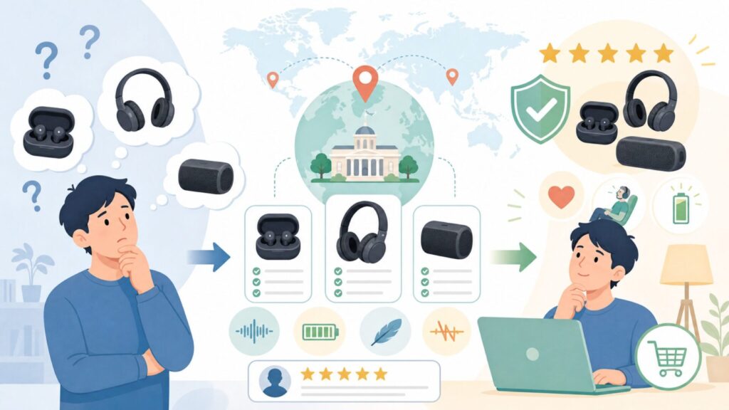 Boseはどこの国のブランド？アメリカ発・MITが生んだ本物の音響技術の要点を表すイラスト