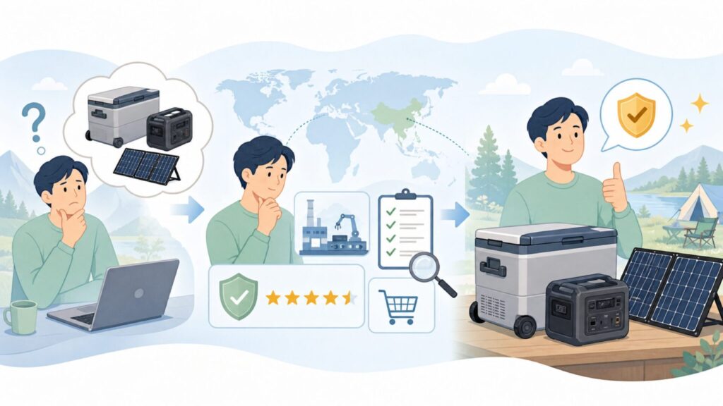 BougeRVはどこの国のブランド？中国メーカーの信頼性と製品の実力を徹底解説の要点を表すイラスト