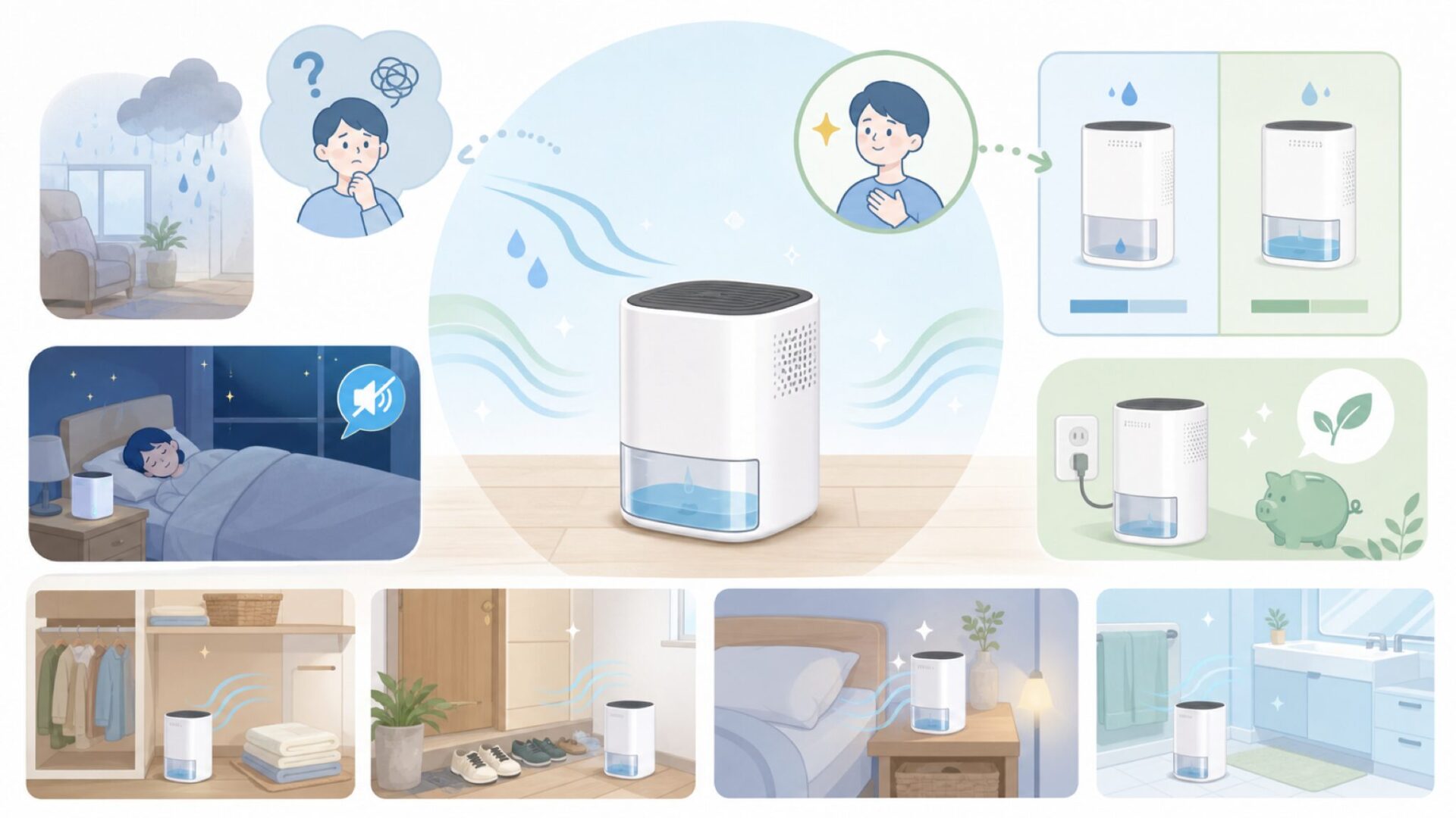 Boweerペルチェ式除湿機YP2118の特徴と向いている人を表すイラスト