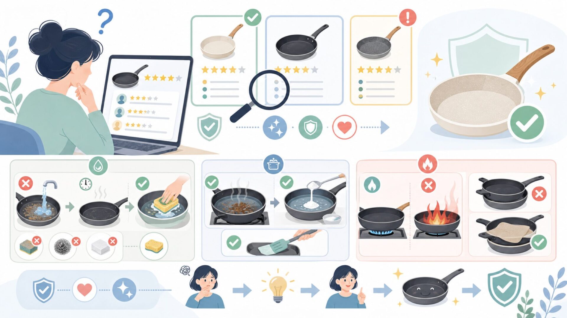 長持ちさせるお手入れ方法——コーティングを守る3つのルールを表すイラスト