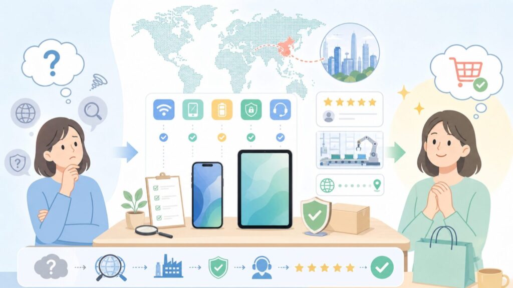 CASEKOOはどこの国？深セン発ブランドが怪しくない理由と製品の実力の要点を表すイラスト