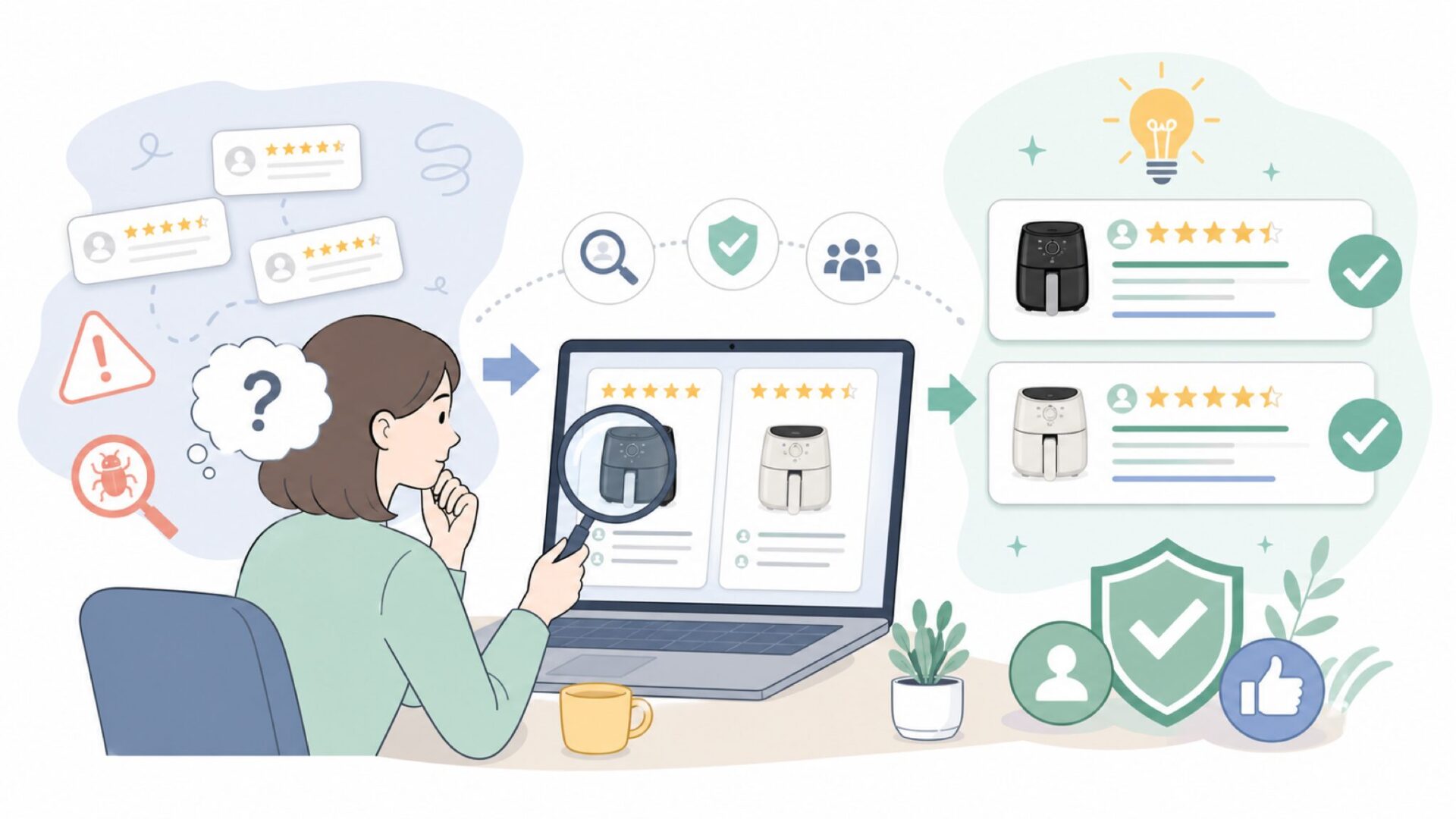 Amazonレビューは信頼できる？サクラチェッカーで見えてきたことを表すイラスト