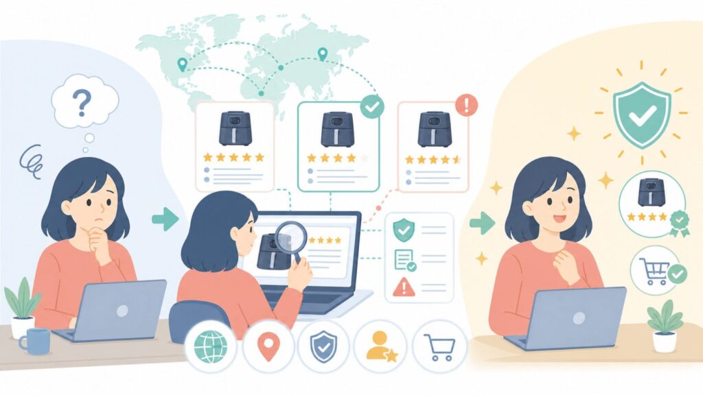 COSORIはどこの国？リコールや評判まで正直に調べた結果を報告しますの要点を表すイラスト