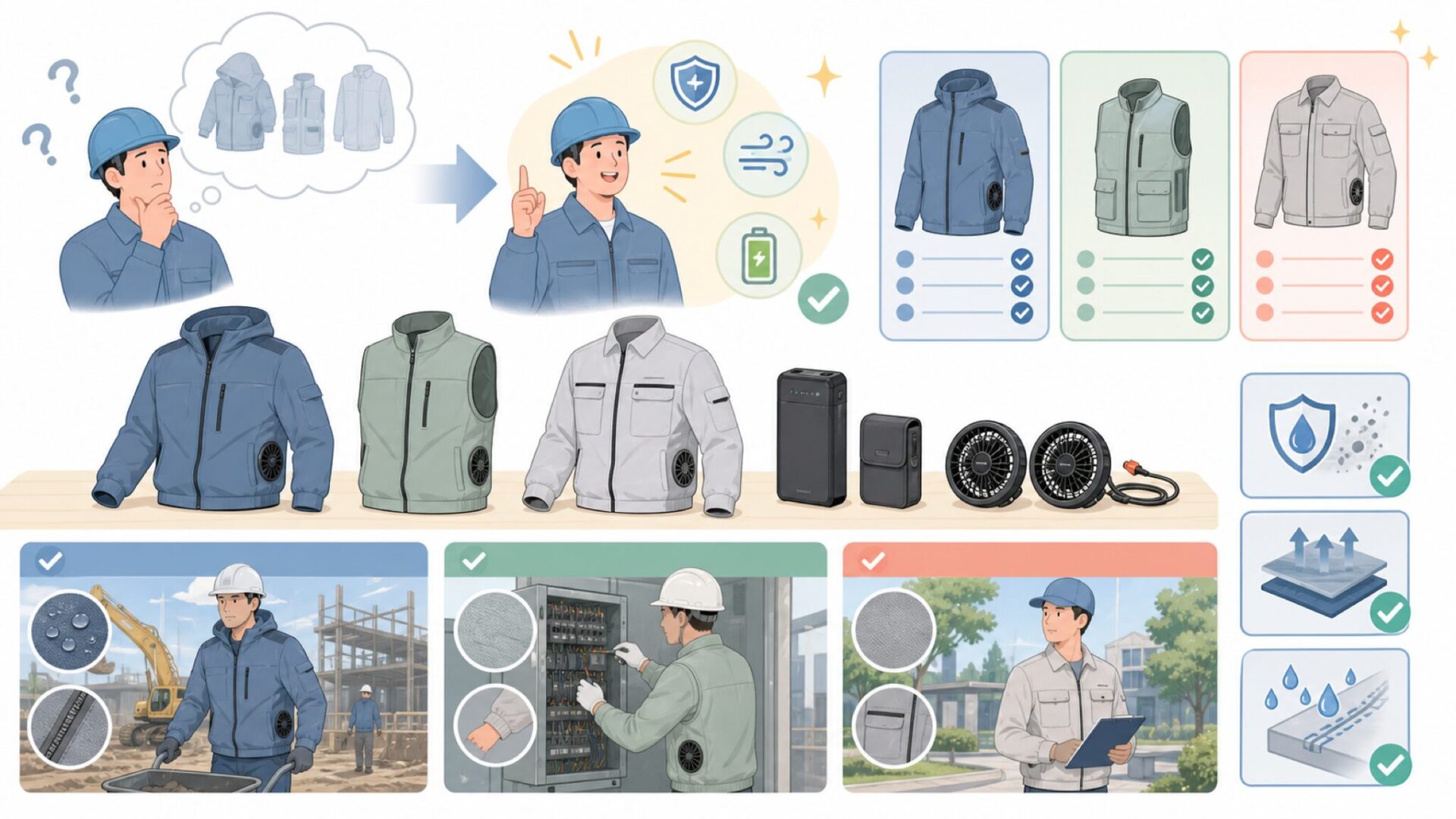 COVELLの空調服ラインナップ——現場の用途別おすすめモデルを表すイラスト