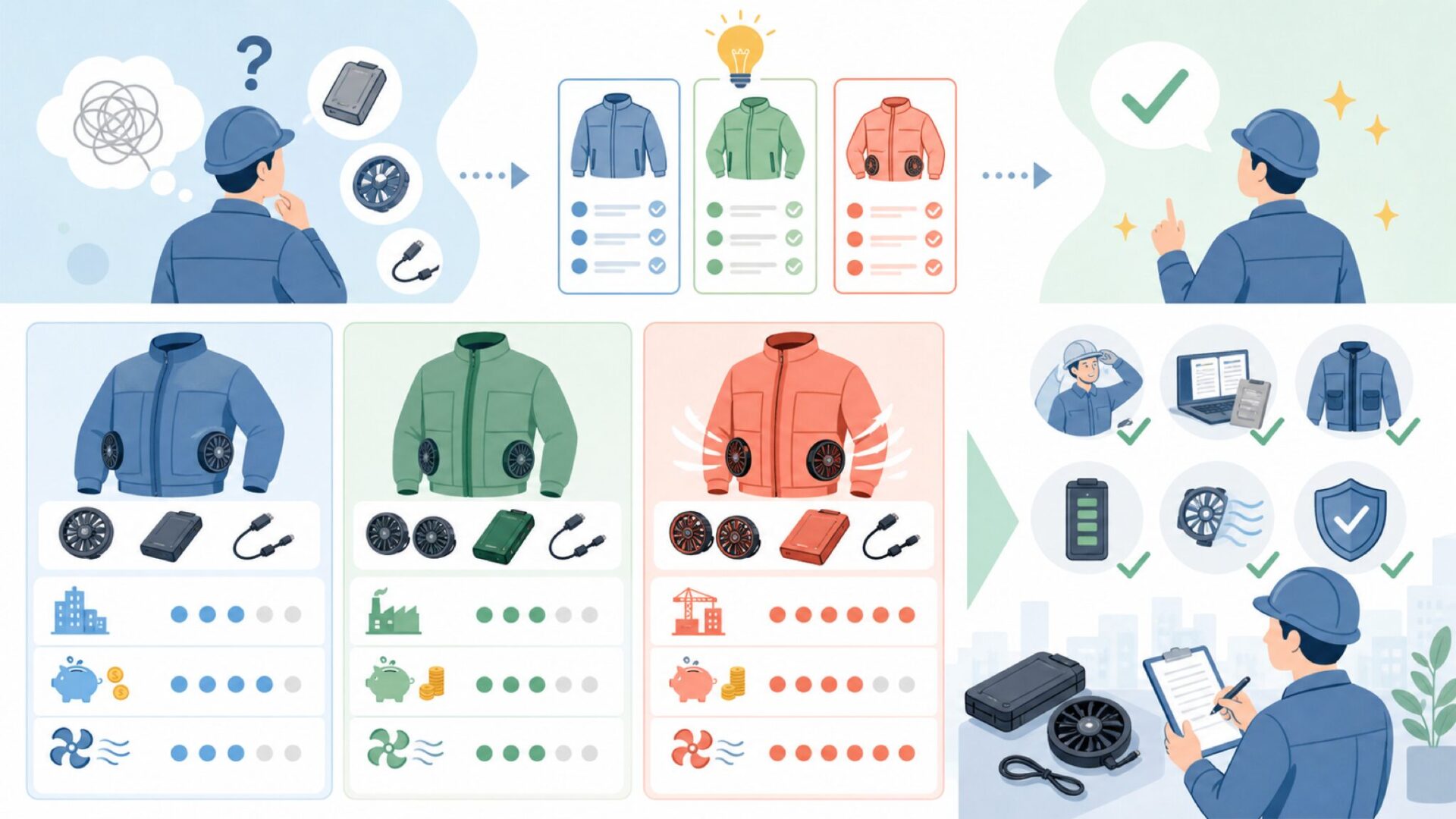 COVELLとバートル・空調服の違い——選び方の比較を表すイラスト