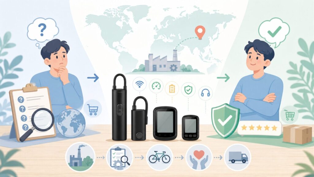 CYCPLUSはどこの国のブランド？中国メーカーの実力と信頼性を徹底検証の要点を表すイラスト