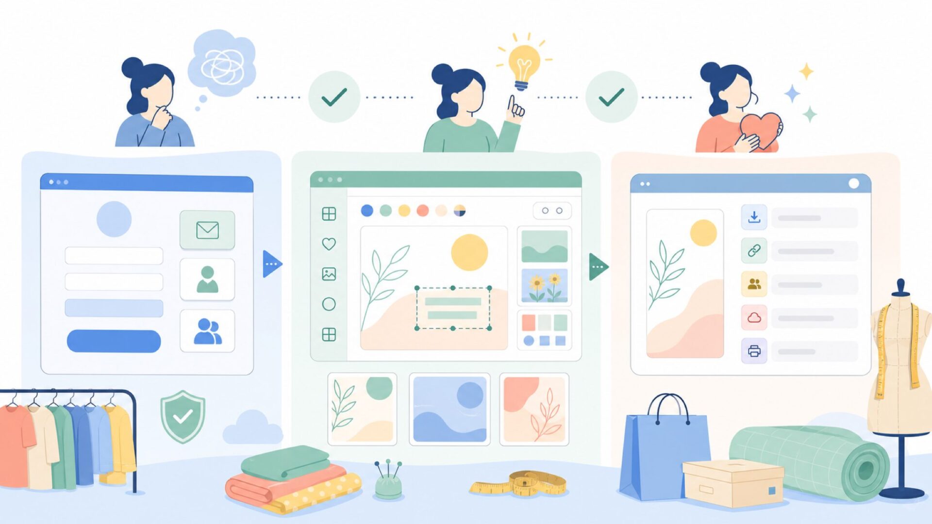 Canvaを今すぐ始める3ステップを表すイラスト