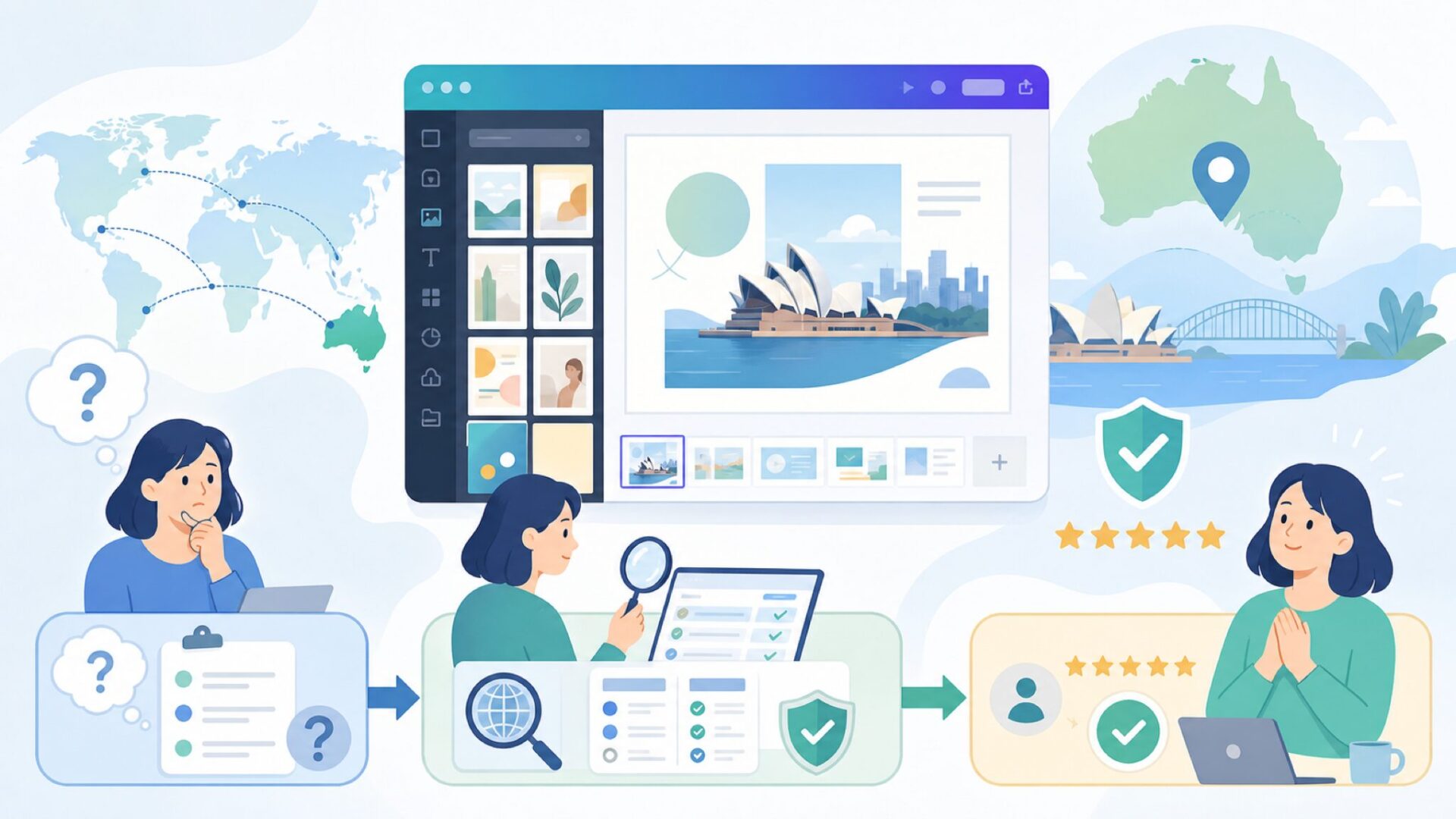 Canvaはどこの国のサービス？オーストラリア発の信頼できるデザインツールを徹底解説の要点を表すイラ