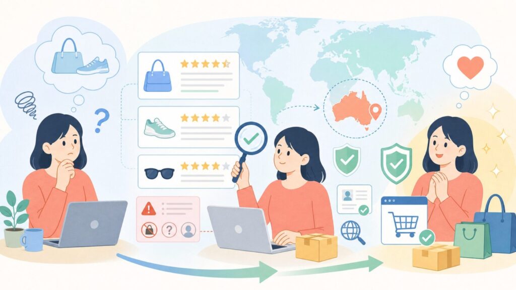 Cettireはどこの国？オーストラリア発の実態と失敗しない買い方を徹底解説の要点を表すイラスト