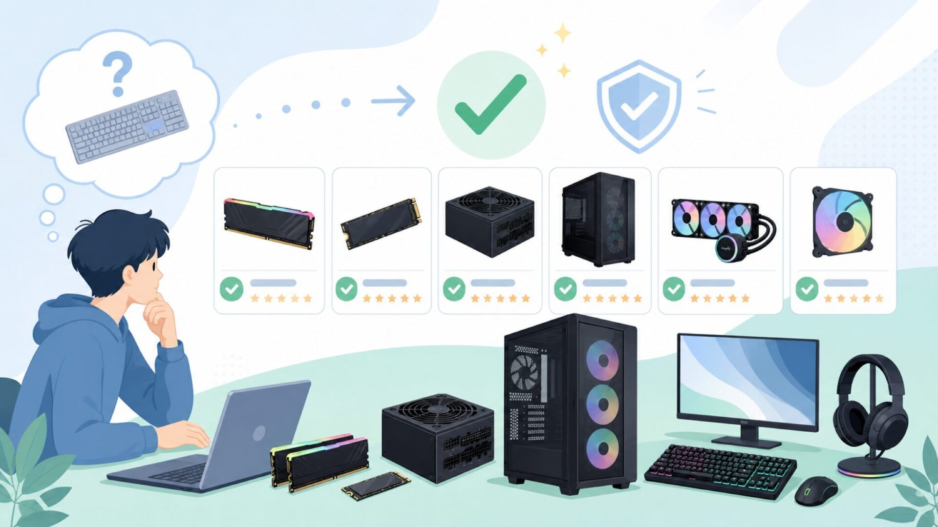 CORSAIRの製品ラインアップ：PCをまるごと揃えられるブランドを表すイラスト