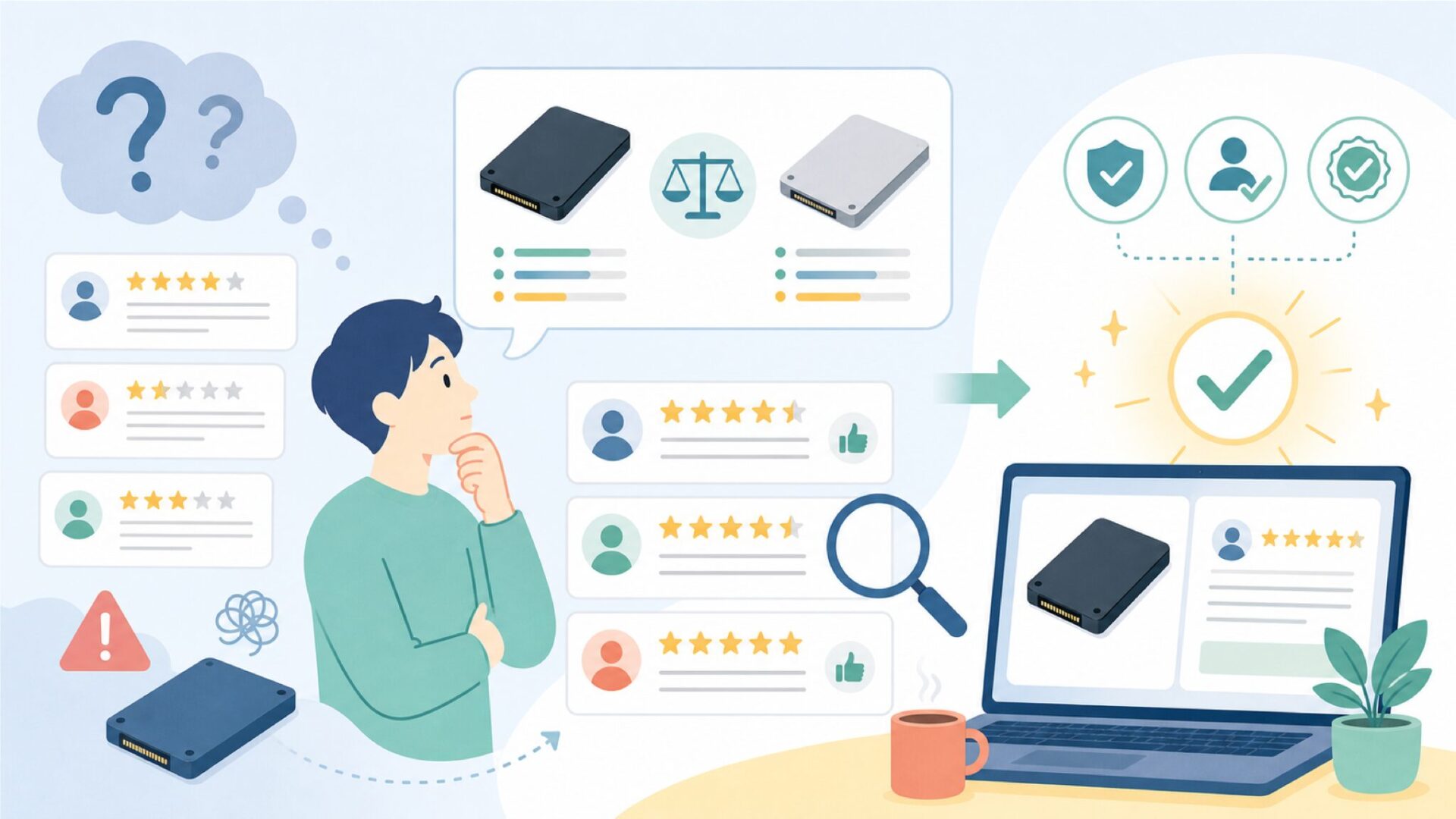 Crucial SSDの評判・口コミをユーザー視点で検証するを表すイラスト
