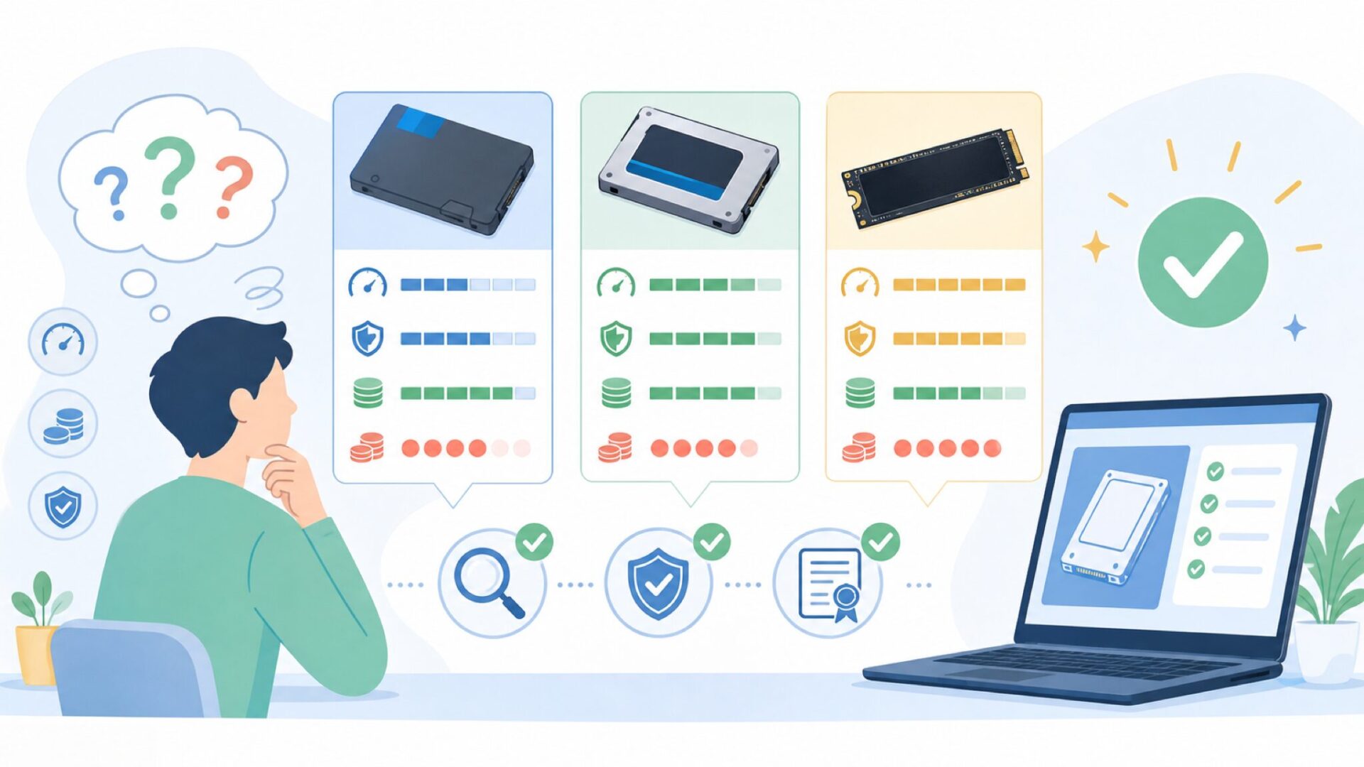 Crucial SSDの主要製品ラインナップと選び方を表すイラスト