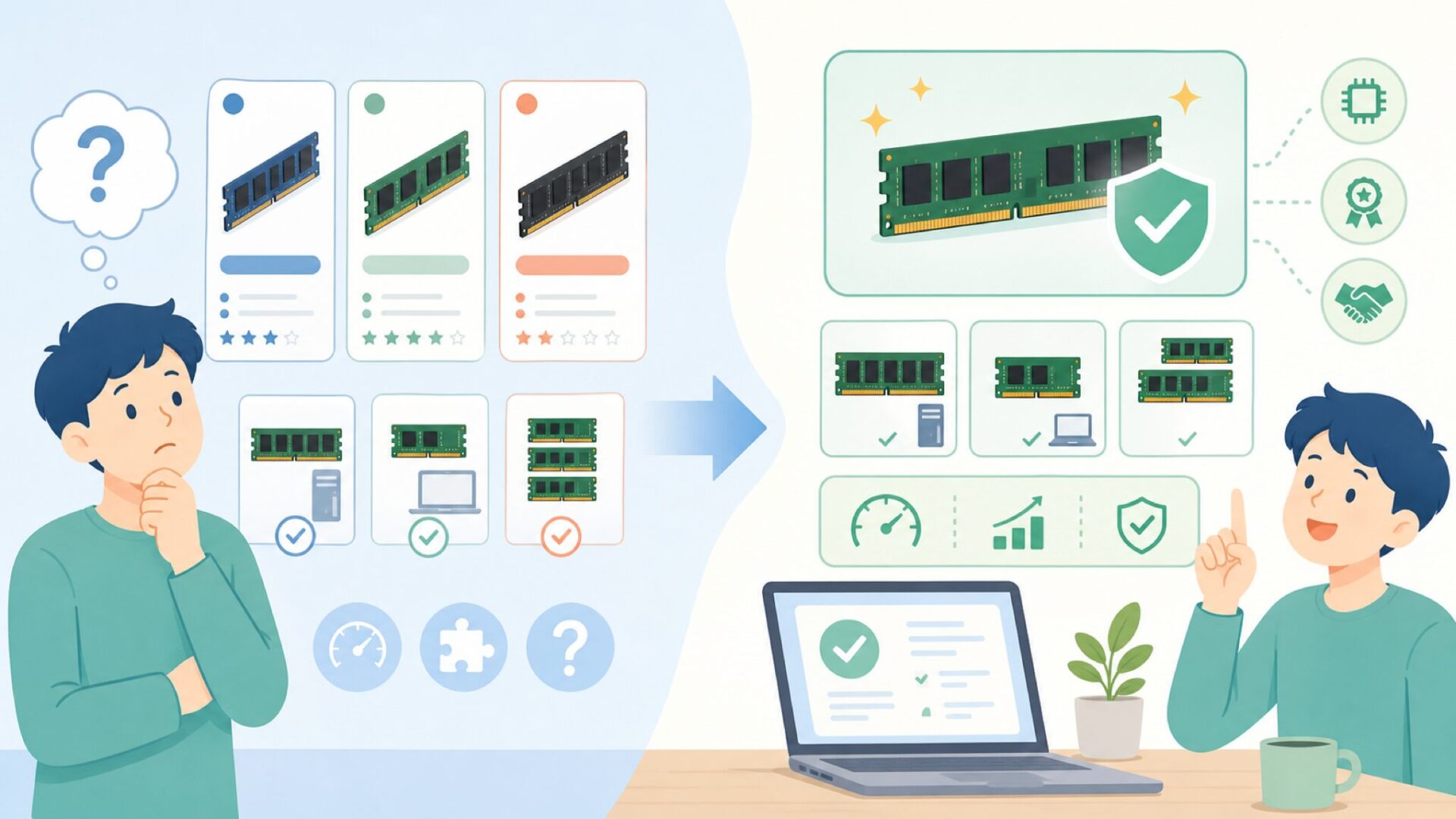 Crucialのメモリ（RAM）製品について理解するを表すイラスト