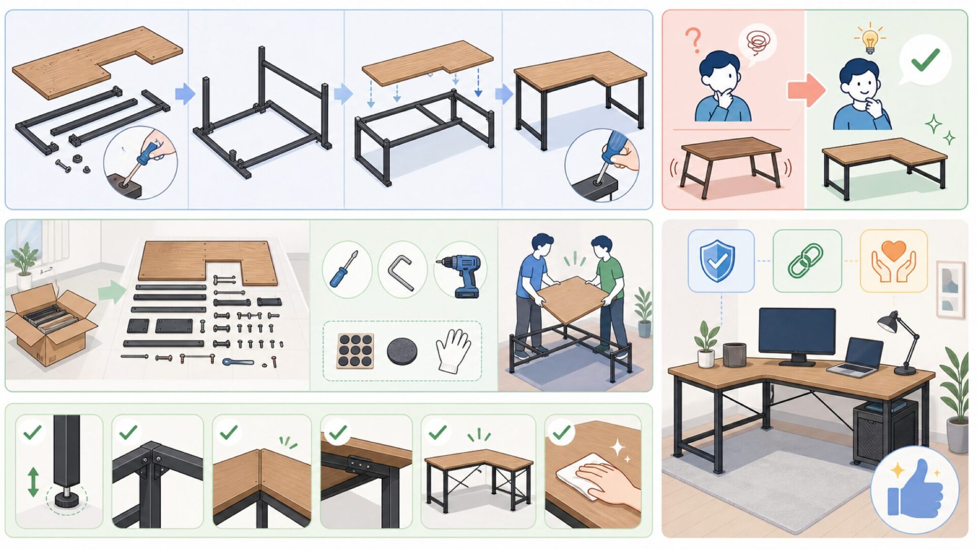 DEWELのL字型デスクを組み立てるときの注意点を表すイラスト